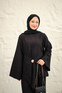 Bel Bağlamalı Pantolonlu Takım Siyah