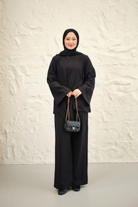 Bel Bağlamalı Pantolonlu Takım Siyah