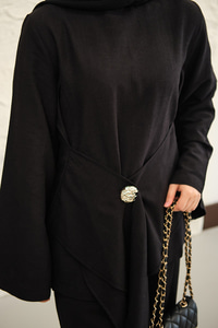 Bel Bağlamalı Pantolonlu Takım Siyah