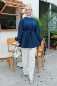 Bel Bağlamalı Sedef Tunik İndigo Mavi