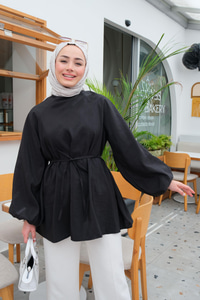 Bel Bağlamalı Sedef Tunik Siyah