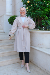 Bel Bağlamalı Su İtici Trençkot Bej