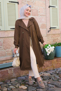 Bel Bağlamalı Su İtici Trençkot Kahverengi