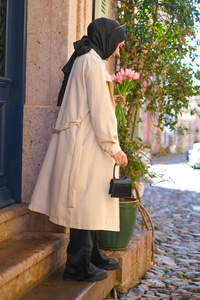 Bel Bağlamalı Su İtici Trençkot Krem