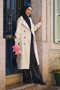 Bel Bağlamalı Su İtici Trençkot Krem