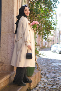 Bel Bağlamalı Su İtici Trençkot Krem