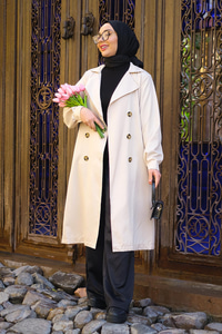 Bel Bağlamalı Su İtici Trençkot Krem