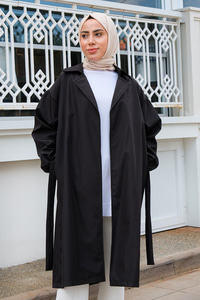 Bel Bağlamalı Su İtici Trençkot Siyah