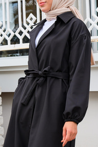 Bel Bağlamalı Su İtici Trençkot Siyah