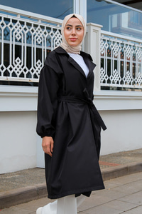 Bel Bağlamalı Su İtici Trençkot Siyah