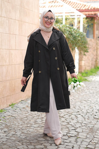 Bel Bağlamalı Su İtici Trençkot Siyah