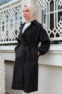 Bel Bağlamalı Su İtici Trençkot Siyah