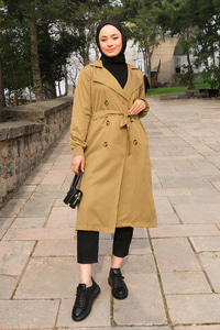 Bel Bağlamalı Su İtici Trençkot Vizon