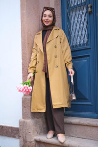 Bel Bağlamalı Su İtici Trençkot Vizon