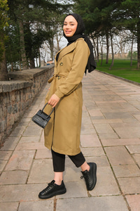 Bel Bağlamalı Su İtici Trençkot Vizon