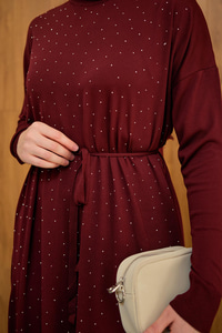 Bel Bağlamalı Taş Detay Triko Elbise Bordo