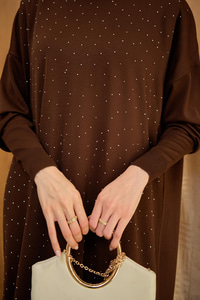 Bel Bağlamalı Taş Detay Triko Elbise Kahverengi