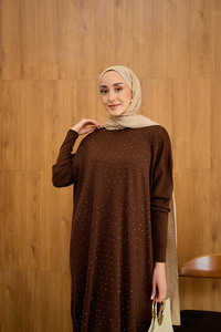 Bel Bağlamalı Taş Detay Triko Elbise Kahverengi