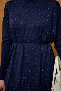 Bel Bağlamalı Taş Detay Triko Elbise Lacivert