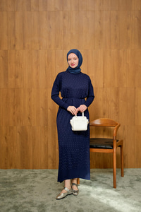 Bel Bağlamalı Taş Detay Triko Elbise Lacivert