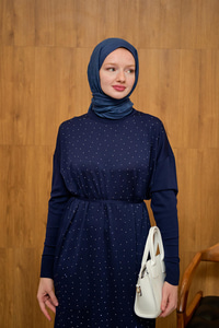 Bel Bağlamalı Taş Detay Triko Elbise Lacivert