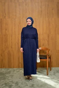 Bel Bağlamalı Taş Detay Triko Elbise Lacivert