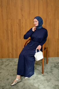 Bel Bağlamalı Taş Detay Triko Elbise Lacivert