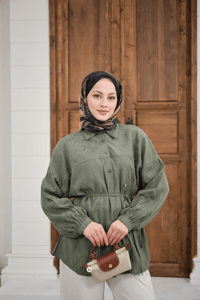 Bel Bağlamalı Tencele Gömlek Haki Yeşil