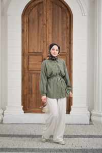 Bel Bağlamalı Tencele Gömlek Haki Yeşil