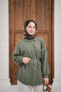 Bel Bağlamalı Tencele Gömlek Haki Yeşil