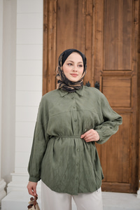 Bel Bağlamalı Tencele Gömlek Haki Yeşil