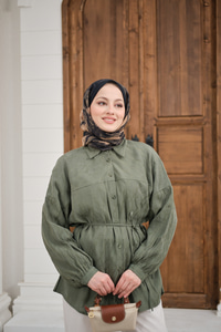 Bel Bağlamalı Tencele Gömlek Haki Yeşil