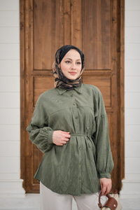 Bel Bağlamalı Tencele Gömlek Haki Yeşil