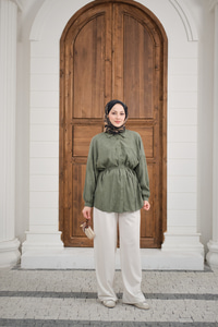 Bel Bağlamalı Tencele Gömlek Haki Yeşil