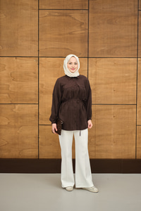 Bel Bağlamalı Tencele Gömlek Kahverengi