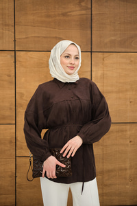 Bel Bağlamalı Tencele Gömlek Kahverengi