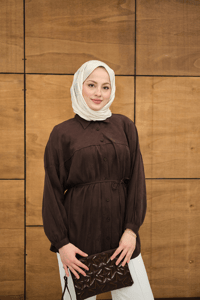 Bel Bağlamalı Tencele Gömlek Kahverengi