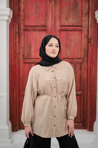 Bel Bağlamalı Tencele Gömlek Krem