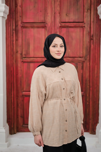 Bel Bağlamalı Tencele Gömlek Krem