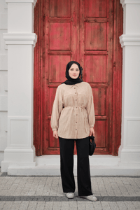 Bel Bağlamalı Tencele Gömlek Krem