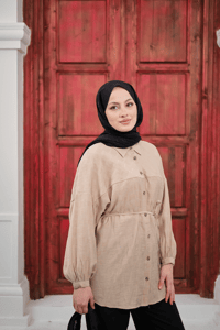 Bel Bağlamalı Tencele Gömlek Krem