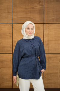 Bel Bağlamalı Tencele Gömlek Lacivert