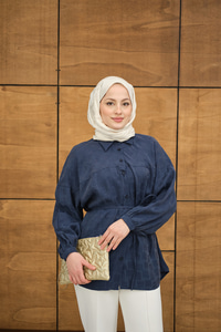 Bel Bağlamalı Tencele Gömlek Lacivert