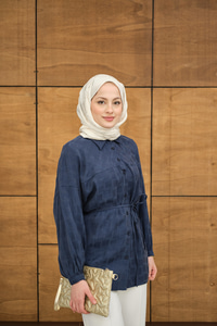 Bel Bağlamalı Tencele Gömlek Lacivert