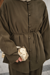 Bel Bağlamalı Top Düğme Detay İkili Takım Haki Yeşil