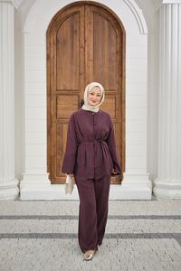 Bel Bağlamalı Top Düğme Detay İkili Takım Mürdüm