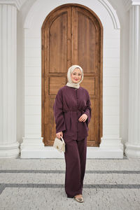 Bel Bağlamalı Top Düğme Detay İkili Takım Mürdüm