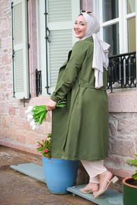 Bel Bağlamalı Trenç Haki Yeşil