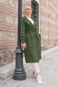 Bel Bağlamalı Trenç Haki Yeşil