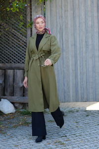 Bel Bağlamalı Trenç Haki Yeşil